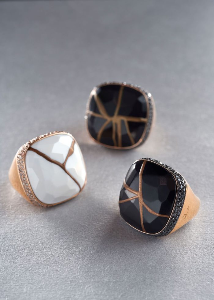 Pomellato Kintsugi Collection_rings in rose gold with jet and black diamonds_ring with kogolon and brown diamonds