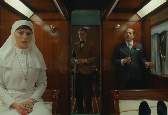 (L to R) Mia Threapleton as Liesl, Michael Cera as Bjorn, and Mathieu Amalric as Marseille Bob in director Wes Anderson's THE PHOENICIAN SCHEME, a Focus Features release. Credit: Courtesy of TPS Productions/Focus Features © 2025 All Rights Reserved..